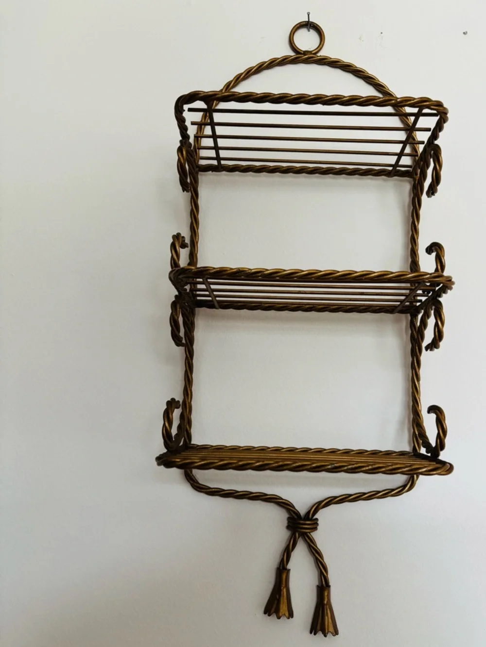 3 Tiered Hollywood Regency Gold-Tone Twisted Rope Wall Shelf 21inches High